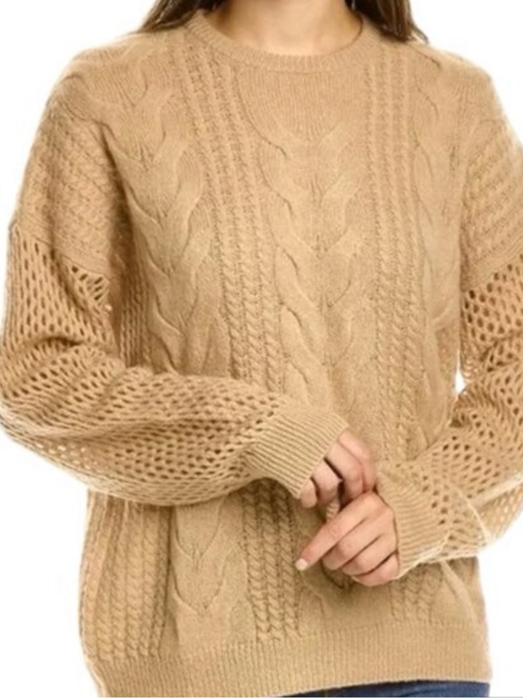 Naadam Camel Cable Knit Crewneck Wool And Cashmere Sweater